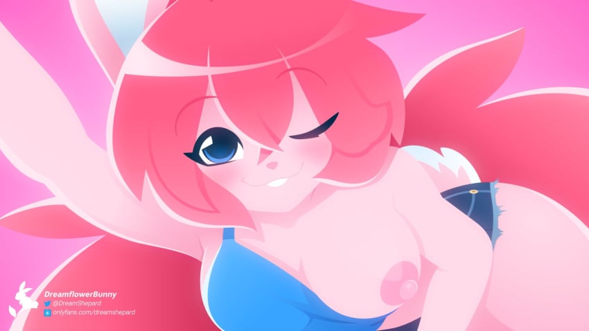 1girls 2d anthro areolae big_breasts blue_eyes breasts bunny_ears bunny_girl bunny_humanoid bunny_tail dreamflower dreamflowerbunny female female_focus female_only female_solo highres looking_at_viewer nipples one_breast_out one_breast_out_of_clothes one_eye_closed pink_hair pink_skin reverie reverie_(dreamflowerbunny) smile smiling smiling_at_viewer solo solo_female tagme tail thighs viewed_from_above