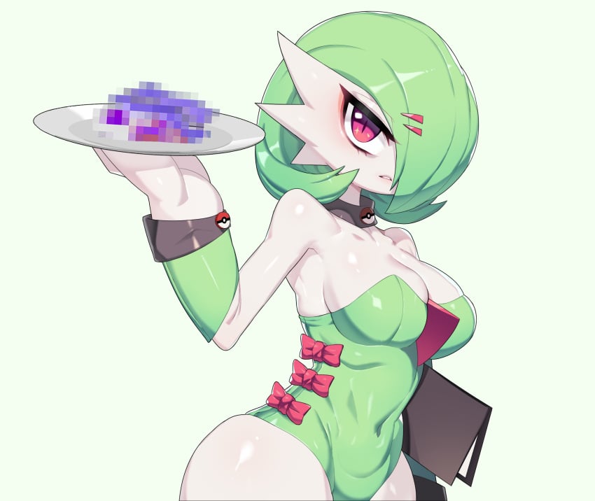 2022 absurd_res anthro armpits bare_shoulders bob_cut bow breasts bunnysuit censored censored_food cleavage clothing collar covered_navel drunkoak femboy femboy_with_breasts feminine_male gardevoir gardevoir_dad_(drunkoak) girly green_hair hair_over_one_eye highres holding_notebook holding_plate large_breasts leotard looking_at_viewer male_gardevoir male_only male_with_breasts nintendo notebook oc plate pokémon_(species) pokemon pokemon_(species) pokemon_rse red_eyes ribbon short_hair simple_background skindentation solo standing strapless strapless_leotard teeth trap white_background white_body wide_hips wrist_cuffs