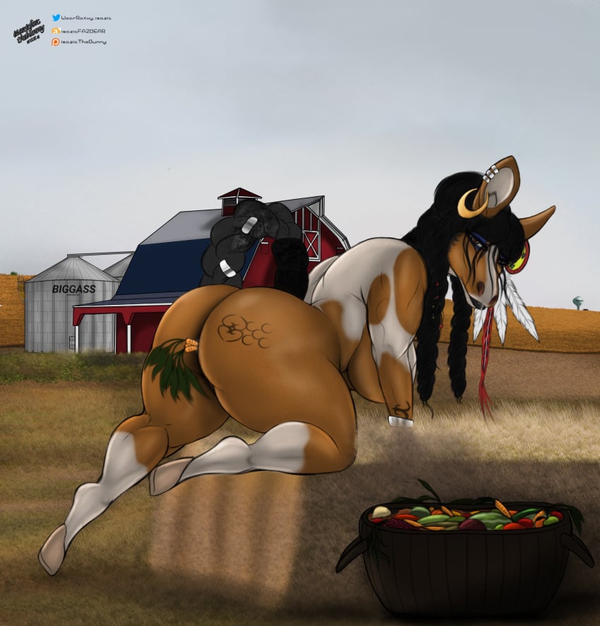 absurd_res anthro anthro_only anus arm_tattoo ass barn bent_over_with_legs_held_straight big_butt big_ears bodily_fluids breast_squish breasts butt_tattoo countryside dirt equid equine farm farmer female food genital_fluids genitals hay hay_bale hi_res holding_object hooves horse isazicfazbear lips looking_back mammal native_american no_humans oswola_cherokee pussy pussy_juice rings_on_arms rings_on_ears saliva squish tattoo thick_lips thick_thighs wide_hips