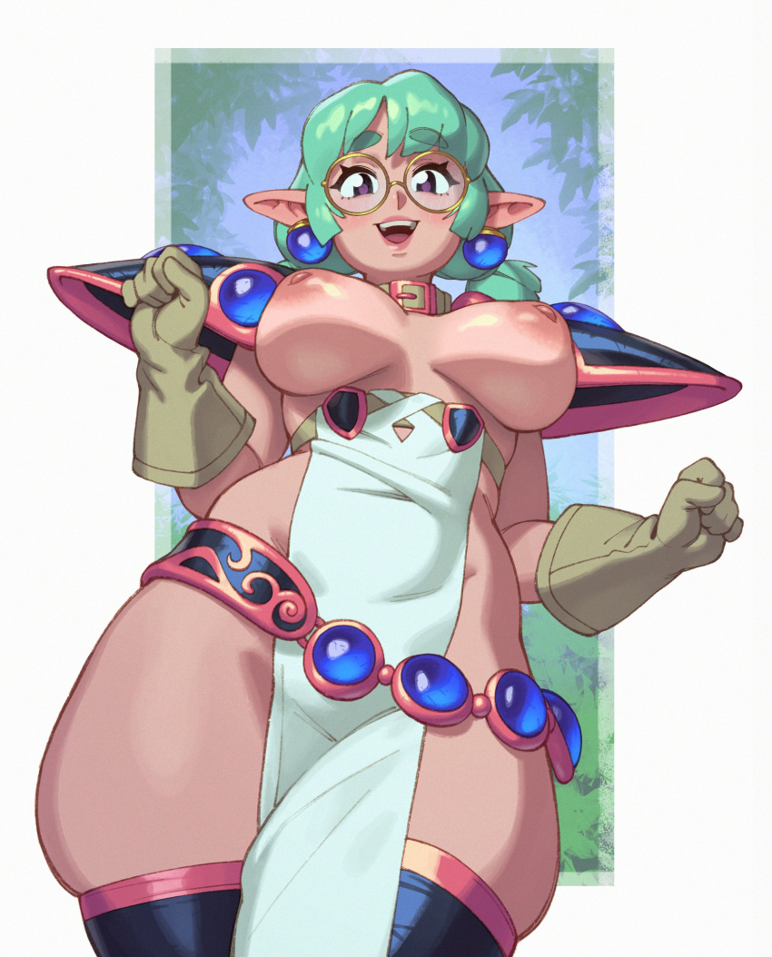 1girls 2022 90's_theme areolae armor belt belt_collar breasts collar earrings elf elf_ears elf_female female female_only glasses gloves green_hair legwear looking_at_viewer nipples original original_character partially_clothed purple_eyes rizdraws round_glasses shoulder_armor smiling smiling_at_viewer solo tabard thick_thighs thigh_squish unnamed_character very_high_resolution viewed_from_below wide_hips