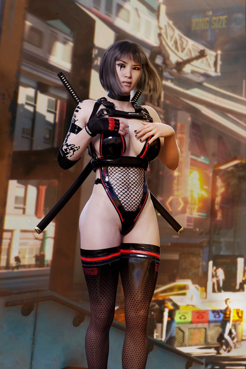 1girls 3d 3d_(artwork) asian asian_female black_hair brown_eyes cyberpunk faith_connors female female_focus female_only fishnet fishnets jinxie_lizzy kunoichi latex latex_suit latex_thighhighs mirror's_edge ninja pinup pinup_pose shaved_pussy short_hair skimpy skimpy_clothes tattoo thighhighs