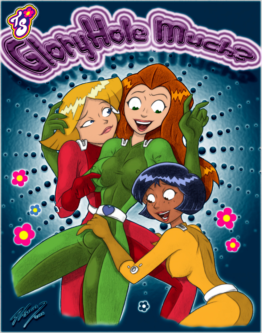 1futa 1girls alex_(totally_spies) balls black_hair blonde_hair blue_eyes breasts brown_eyes clothed clothing clover_(totally_spies) dark-skinned_female dark_skin dtiberius duo fellatio fully_clothed futa_on_female futanari glory_hole gloryhole_much green_eyes huge_cock human intersex light-skinned_futanari light_skin mostly_clothed oral pale_skin penis red_hair sam_(totally_spies) sex squatting standing totally_spies