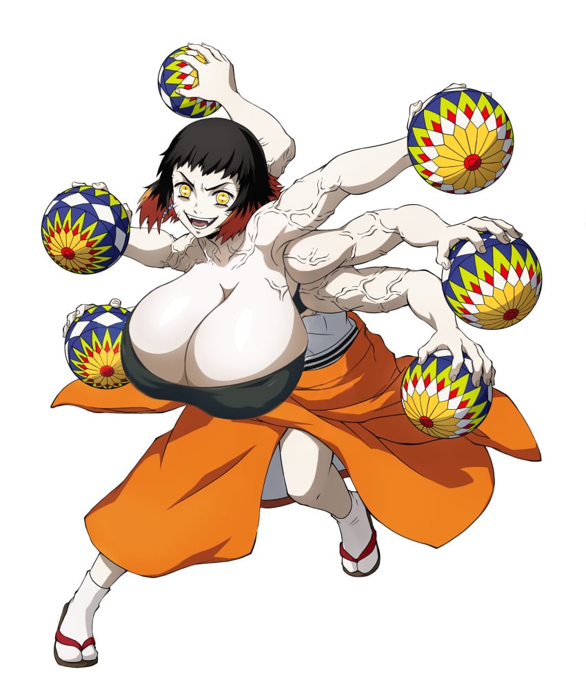 6_arms alternate_breast_size bandeau big_breasts black_hair cleavage demon_girl demon_slayer dratvan edit enormous_breasts fangs female female_only full_body huge_breasts kimetsu_no_yaiba kimono looking_at_viewer massive_breasts multi_arm multi_limb muscular muscular_female open_mouth pale-skinned_female pale_skin short_hair slit_pupils smile solo susamaru tabi two_tone_hair veiny_muscles yellow_eyes