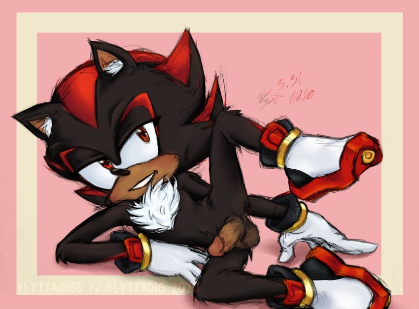 1boy anthro balls bedroom_eyes black_body black_fur chest_tuft ear_tuft erection flyttadig gay gloves hedgehog leg_up male male_only mammal mobian_(species) on_side penis presenting red_eyes red_fur shadow_the_hedgehog shoes simple_background solo solo_male sonic_(series) sonic_the_hedgehog_(series)