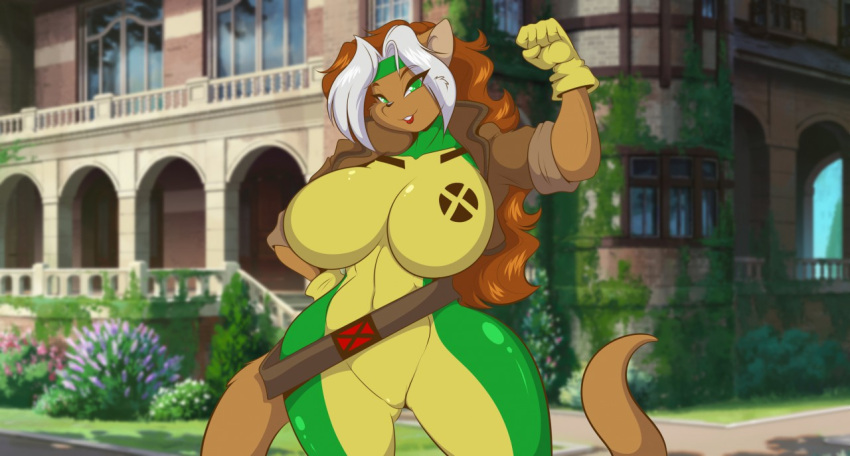 1girls 2019 anna_marie anthro anthro_only bodysuit breasts cosplay female female_only flexing furry huge_breasts long_hair looking_at_viewer marvel marvel_comics mastergodai mrs._amp original original_character rodent rogue_(x-men) rogue_(x-men)_(cosplay) solo thick_thighs voluptuous weasel wide_hips x-men