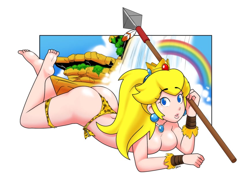 1girls ass big_ass big_breasts blonde_hair blue_eyes breast_press breasts bubble_butt busty dat_ass feet female female_only jaguar_print large_breasts legs looking_at_viewer lying mario_(series) nintendo on_stomach parted_lips ponytail pose princess princess_peach rainbow sensual solo the_pose thick_thighs thighs thong topless weapon whplefct