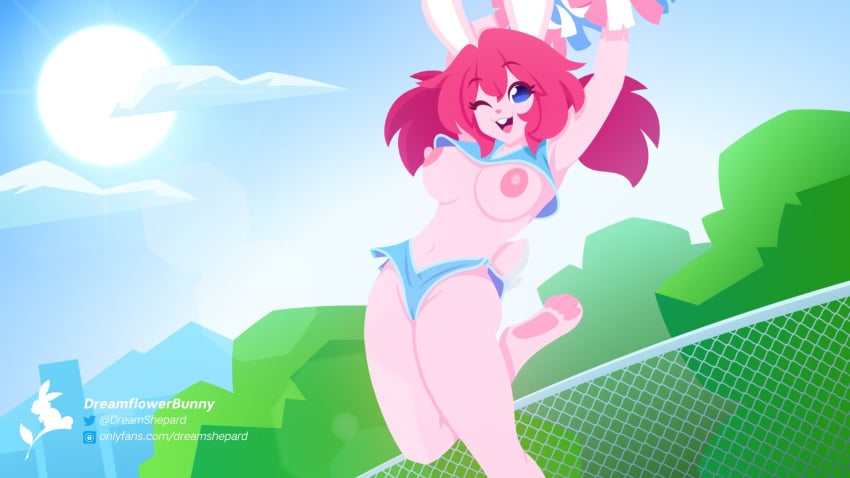 1girls 2d anthro areolae big_breasts blue_eyes breasts bunny_ears bunny_girl bunny_humanoid dreamflower dreamflowerbunny female female_focus female_only highres jumping looking_at_viewer nipples one_eye_closed one_leg_up open_mouth partially_clothed pink_hair pink_skin revealing_clothes reverie reverie_(dreamflowerbunny) solo solo_female tagme thighs