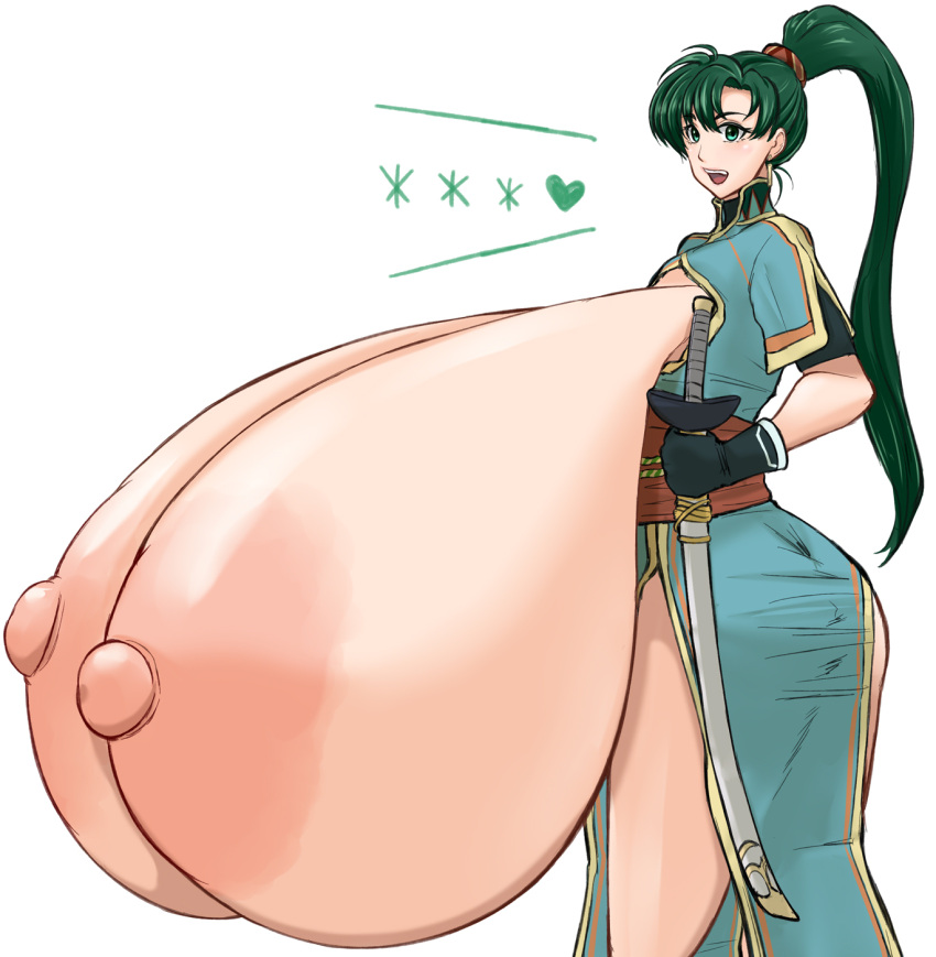 1girls aokuro ass bare_legs breasts_out curvy female female_only fire_emblem fire_emblem:_the_blazing_blade green_eyes green_hair hyper hyper_breasts large_ass long_hair lyn_(fire_emblem) lyndis_(fire_emblem) nintendo nipples open_mouth pelvic_curtain ponytail smile solo sword weapon