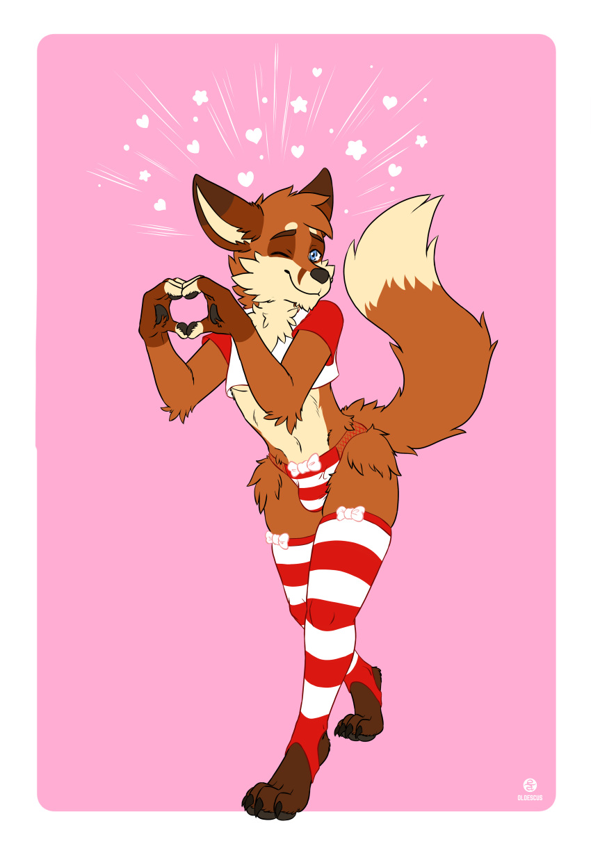 absurd_res anthro blue_eyes bulge canid canine clothing crop_top eyebrows fox fur girly heart hi_res jacktheredfox legwear male mammal oldescus one_eye_closed panties pattern_clothing pose red_body red_fox red_fur shirt solo striped_clothing stripes thigh_highs topwear underwear wink