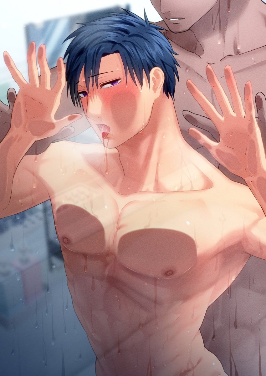 2boys abs bara bathroom bathroom_sex blue_hair blush dark-skinned_male dark_skin from_behind from_behind_position gay gay_sex glass hi_res holding_hands irokawa_19 kabedon licking light-skinned_male light_skin male male/male male_focus male_only muscles muscular muscular_male nipples original_character pecs pinned_to_wall purple_eyes seductive seductive_look smile smiling tongue tongue_out wet wet_body yaoi