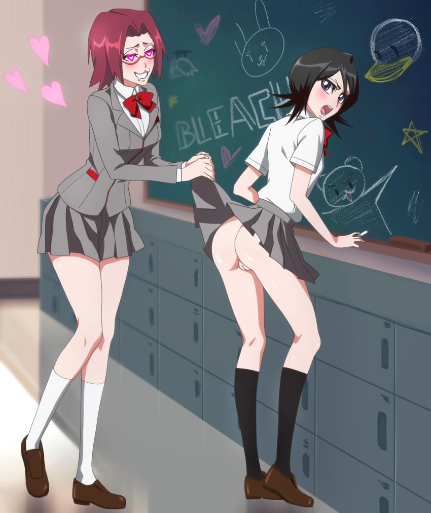 2girls admiring ass bent_knees black_hair black_legwear black_socks bleach blush bow brown_shoes chalk chalkboard chalkboard_drawing chizuru_honsho classroom clothing drooling embarrassed fanart female female_only footwear heart heart-shaped_pupils heart_eyes high_resolution holding_chalk honshou_chizuru horny_female indoors innie_pussy kuchiki_rukia legs legwear lifted_by_another loafers locker molestation multiple_females multiple_girls no_panties open_mouth petite purple_eyes red_bow red_hair rozuberry school school_uniform schoolgirl shiny shiny_skin short_hair skirt_lift small_ass smaller_female socks surprised symbol-shaped_pupils uniform upskirt vagina white_legwear white_socks yuri