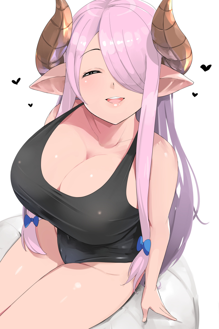 1girls 2022 :d absurdres ball bare_arms bare_shoulders black_swimsuit blue_bow blush bow breasts cameltoe cleavage collarbone competition_swimsuit draph facing_viewer female female female_focus female_only from_above granblue_fantasy hair_over_one_eye hairbow heart highres horns kntrs_(knyrs) large_breasts long_hair narmaya_(granblue_fantasy) one-piece_swimsuit open_mouth pink_hair pointy_ears sidelocks simple_background sitting smile solo solo_female swimsuit very_long_hair white_background