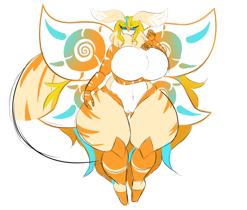 absurd_res antennae_(anatomy) anthro arthropod arthropod_abdomen ass big_breasts big_butt blonde_hair blue_highlights breasts female fur genitals hair hi_res highlights_(coloring) insects lepidopteran lepidopteran_wings long_hair moth moth_antennae multi_arm multi_limb orange_body orange_fur orange_stripes pussy qzarloid sasha_sweets solo stripes thick_thighs thigh_gap wings