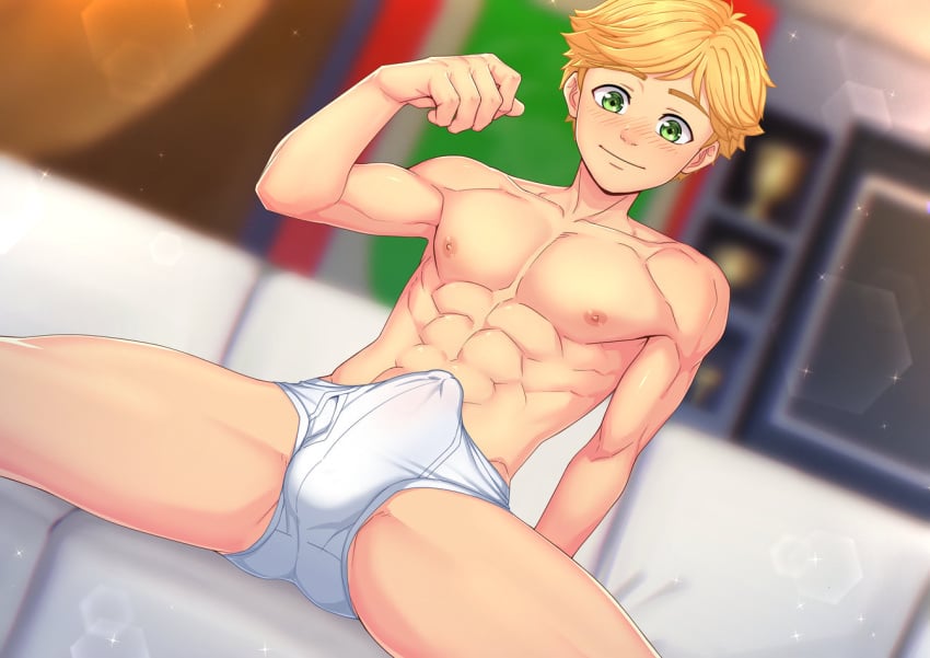 1boy abs adrien_agreste blonde_hair blush briefs briefs_only erection erection_pushing_underwear erection_under_clothes green_eyes male male_only miraculous_ladybug muscular_male nipples solo solo_male suiton tagme tighty_whities underwear underwear_only