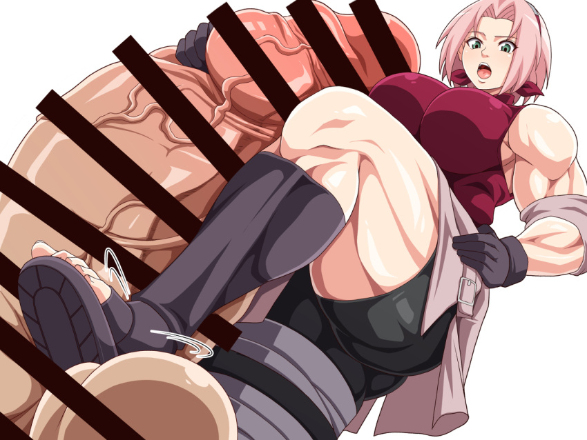 1boy 1girls censor_bar censored cock_and_ball_torture foot_fetish footjob footwear green_eyes handjob headband huge_ass huge_breasts hyper hyper_penis keke_(kekekue) muscular muscular_female muscular_thighs naruto pink_hair red_shirt sakura_haruno sandaljob sandals spats thick_thighs wide_hips