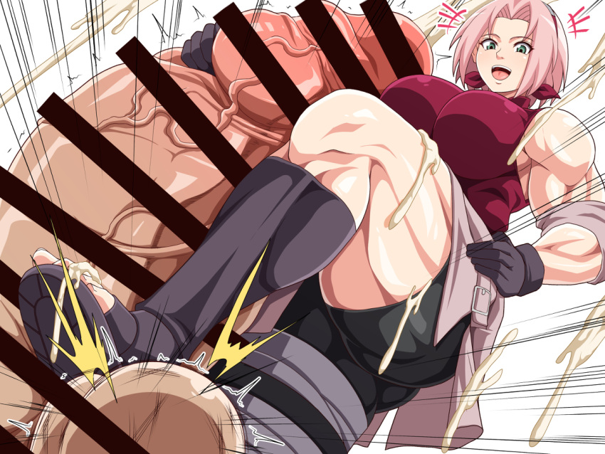 1boy 1girls ballbusting censor_bar censored cock_and_ball_torture cum cumshot foot_fetish footjob footwear green_eyes handjob headband huge_ass huge_breasts hyper hyper_penis keke_(kekekue) motion_lines muscular muscular_female muscular_thighs naruto pink_hair red_shirt sakura_haruno sandaljob sandals spats thick_thighs wide_hips