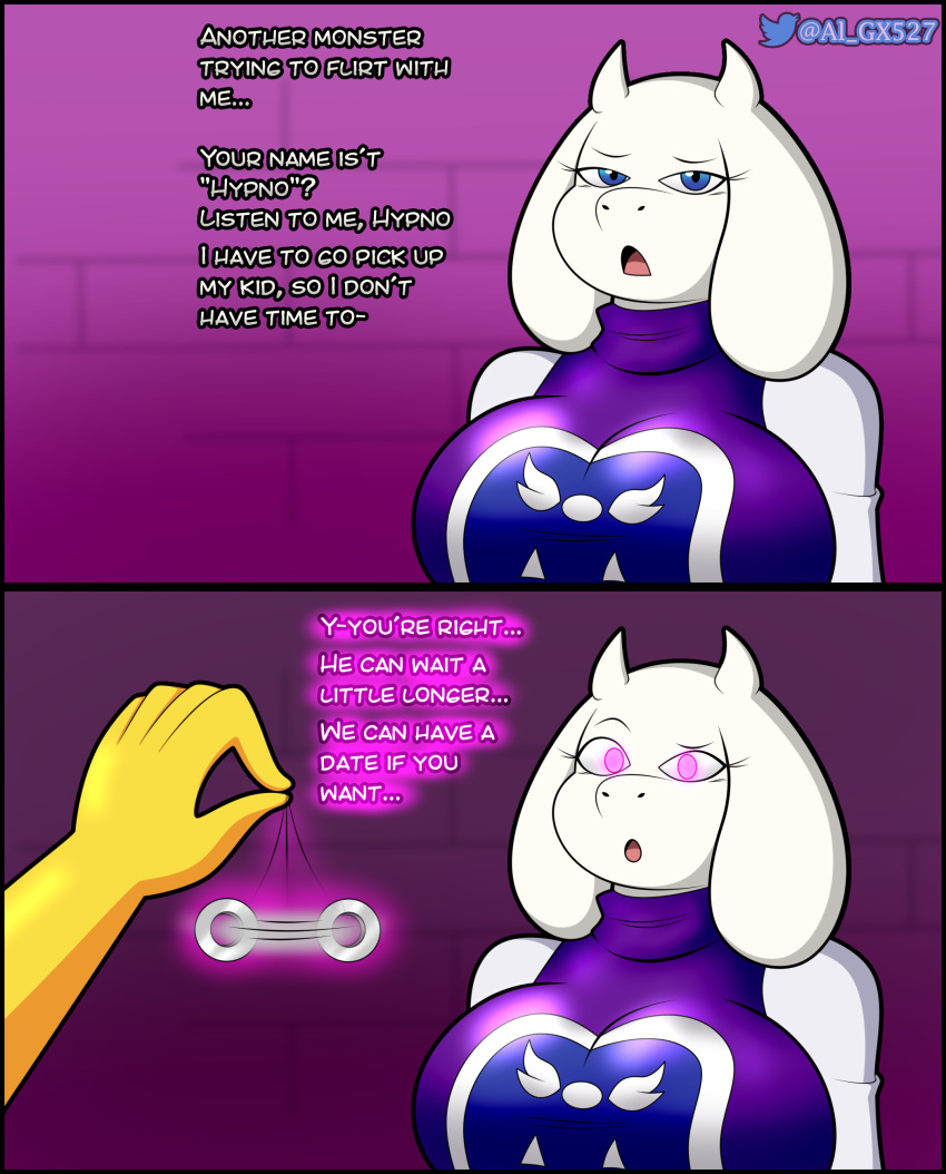 al_gx big_breasts breasts clothed clothing crossover dialogue faceless_character faceless_male furry hypno hypnosis mature_female milf mind_control nintendo pendulum pokemon pokemon_(species) toriel trance undertale video_games white_fur yellow_body