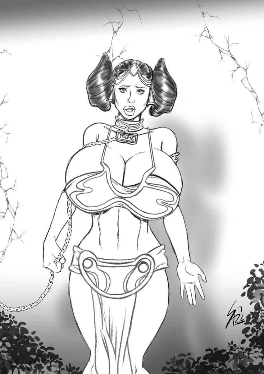 belly_dancer belly_dancer_outfit bimbo chain_leash chained cleavage dancer dancer_outfit fit_female harem_girl harem_outfit looking_at_viewer name_tag padme_amidala sam7 slave slave_bikini slave_collar slave_leia_(cosplay) slave_outfit slavegirl star_wars