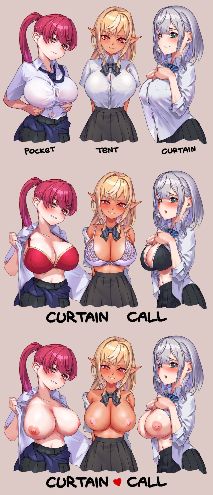 3koma areolae big_breasts black_bra black_skirt blonde_hair blush blushing_at_viewer bowtie bowtie_collar bra breasts button_down_shirt button_gap cleavage dark-skinned_female different_poses elf elf_female embroidered_bra english_text exposed_breasts female female_focus female_only fully_clothed green_eyes grey_hair hololive hololive_fantasy hololive_japan hourglass_figure houshou_marine human in_heat inverted_nipples large_breasts light_purple_bra looking_at_viewer necktie nipples otk ponytail presenting presenting_breasts purple_bra red_bra red_eyes red_hair seductive seductive_smile shiranui_flare shirogane_noel short_hair silver_hair simple_background skirt text tied_hair topless topless_female unbuttoned unbuttoned_shirt upper_body virtual_youtuber voluptuous yellow_eyes youtube youtuber