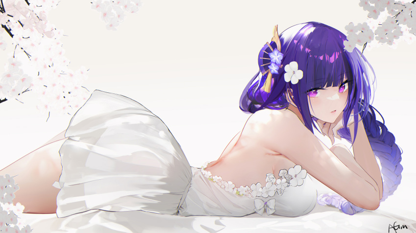 arm_support bangs blunt_bangs braid braided_ponytail breasts cherry_blossoms dress female genshin_impact hair_ornament large_breasts long_hair lying nipples omone_hokoma_agm on_bed on_stomach purple_eyes purple_hair raiden_shogun solo the_pose thighs very_long_hair white_background white_dress yellow_background