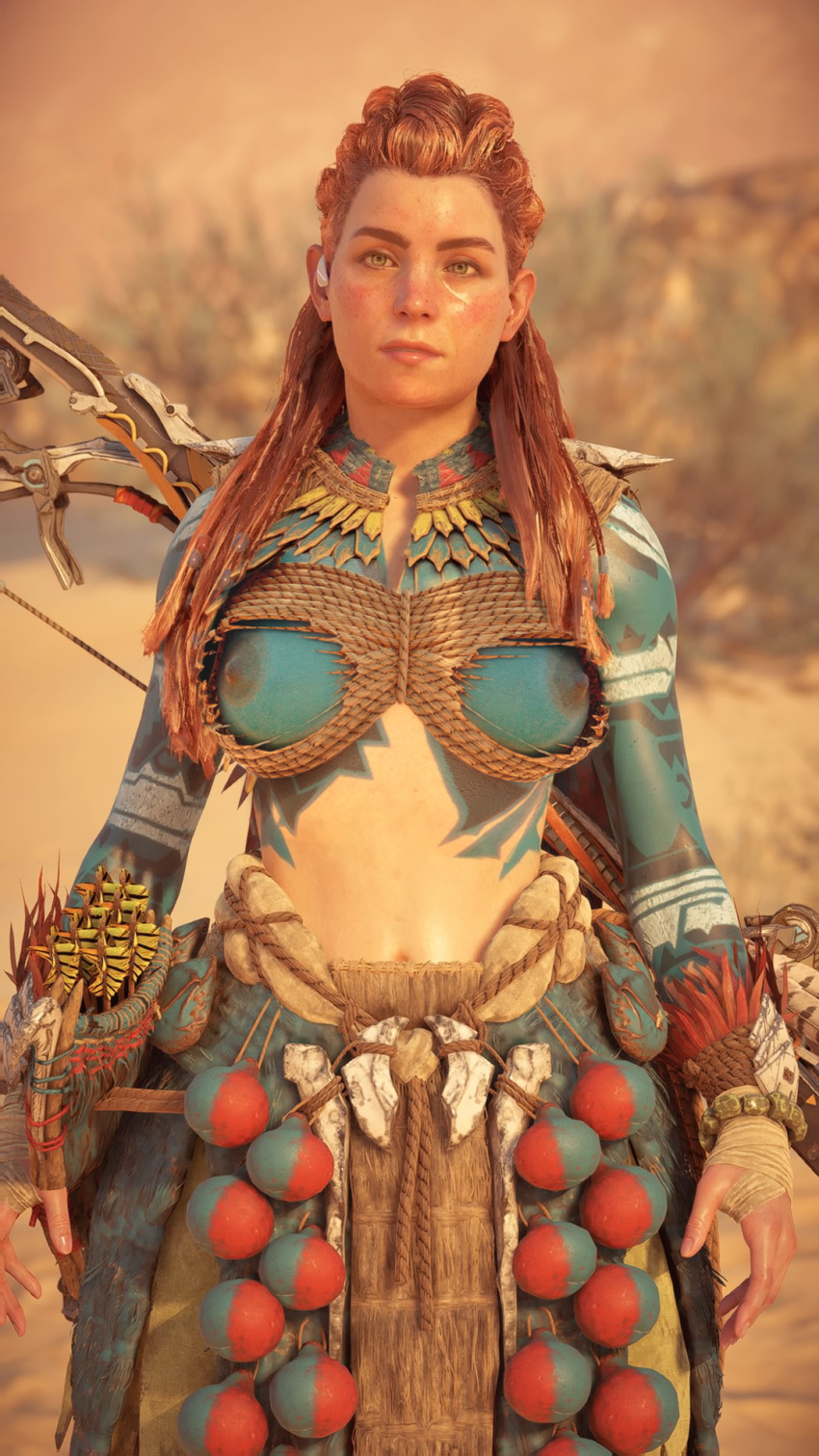 1girls 3d accurate_art_style aloy alternate_costume areolae bodypaint braided_hair breasts canon clipping female female_only glitch horizon_forbidden_west horizon_zero_dawn medium_breasts midriff navel nipples official_art orange_hair outdoors outside painted_breasts playstation red_hair solo sony_interactive_entertainment topless