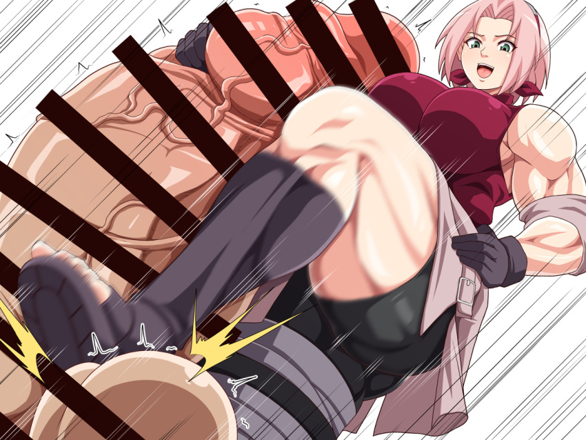 1boy 1girls censor_bar censored cock_and_ball_torture foot_fetish footjob footwear green_eyes handjob headband huge_ass huge_breasts hyper hyper_penis keke_(kekekue) motion_lines muscular muscular_female muscular_thighs naruto pink_hair red_shirt sakura_haruno sandaljob sandals spats thick_thighs wide_hips