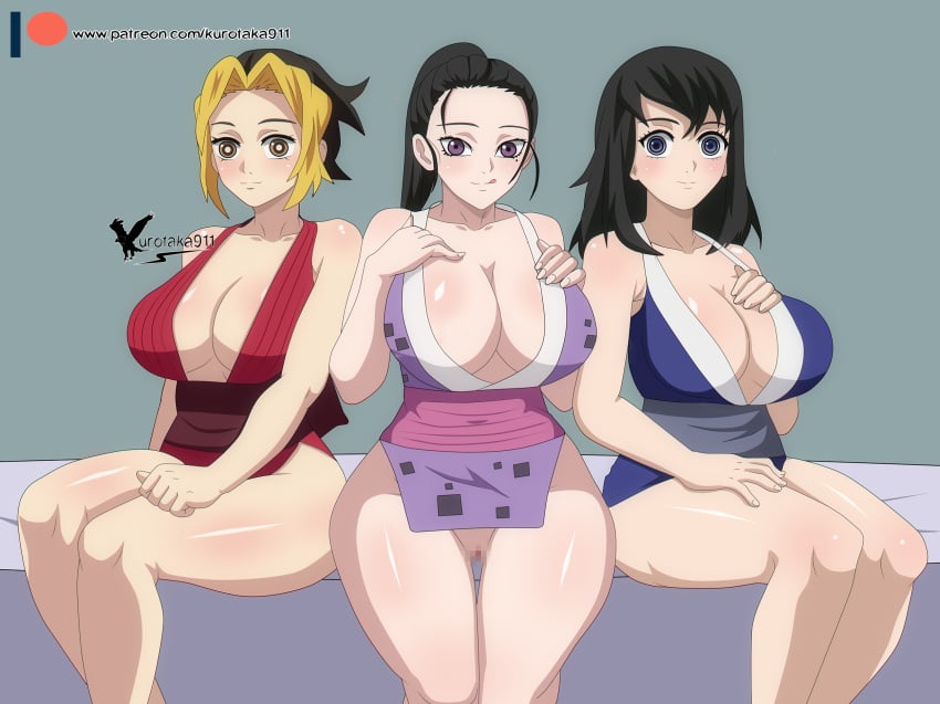 3girls agung911 big_breasts black_hair blonde_hair blue_eyes brown_eyes cleavage demon_slayer female female_only hinatsuru_(kimetsu_no_yaiba) huge_breasts japanese_clothes kimetsu_no_yaiba kunoichi long_hair looking_at_viewer makio_(kimetsu_no_yaiba) mole_under_eye mosaic_censoring no_bra no_panties obi pelvic_curtain ponytail purple_eyes revealing_clothes sitting skimpy_clothes sleeveless smile suma_(kimetsu_no_yaiba) the_wives_(kimetsu_no_yaiba) thick_thighs thigh_gap two_tone_hair wide_hips