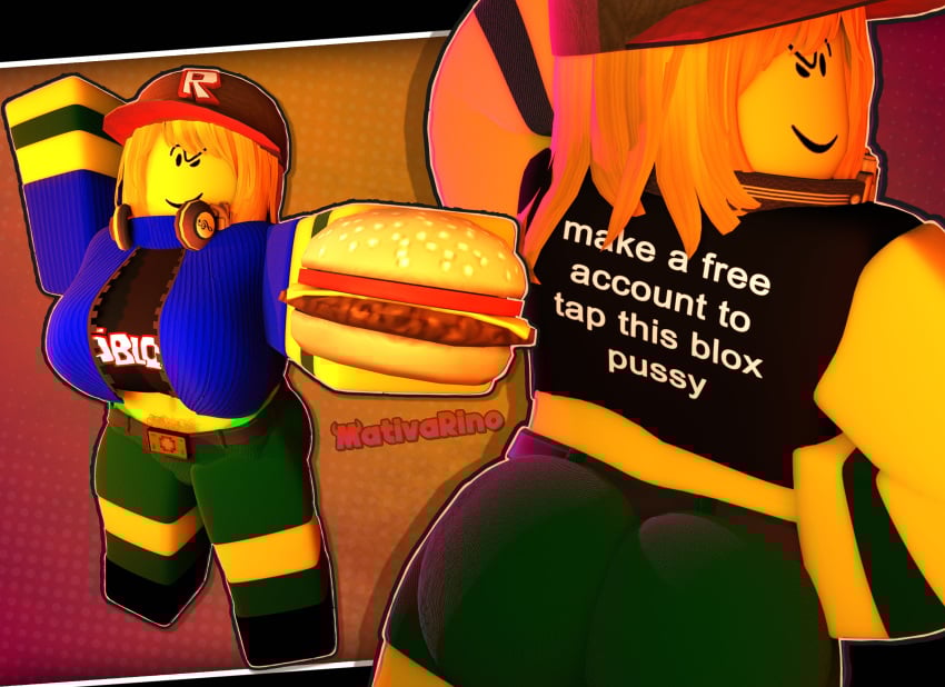 1girls 3d artist_name ass back_view breasts burger clothed female headphones_around_neck mativarino noob roblox robloxian tagme watermark yellow_body yellow_hair