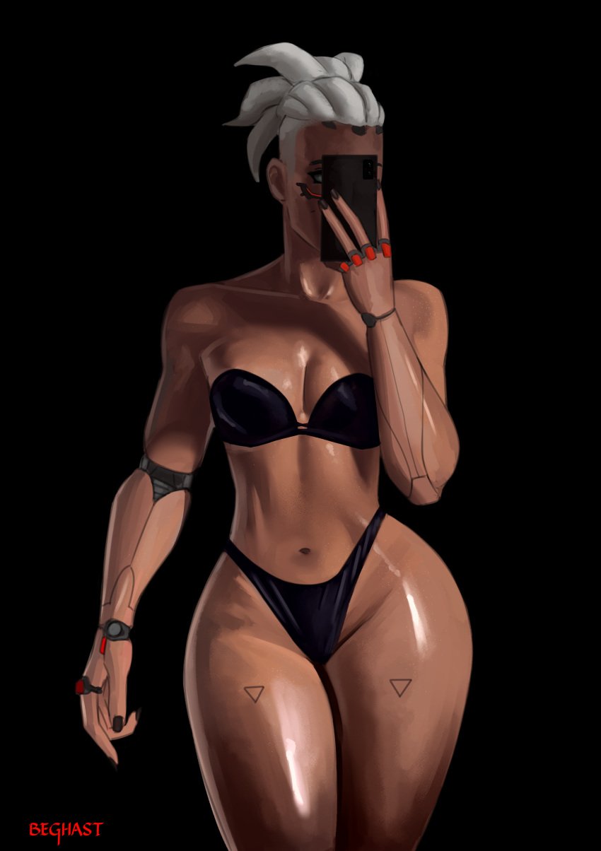 1girls beghast black_bra black_panties blizzard_entertainment brown_skin clothed dark-skinned_female dark_skin dreadlocks ebony high_waisted_thong mirror_selfie obscured_face overwatch overwatch_2 phone pinup selfie shiny_skin sojourn_(overwatch) solo_female thick thick_thighs vivian_chase wet wet_skin white_hair wide_hips