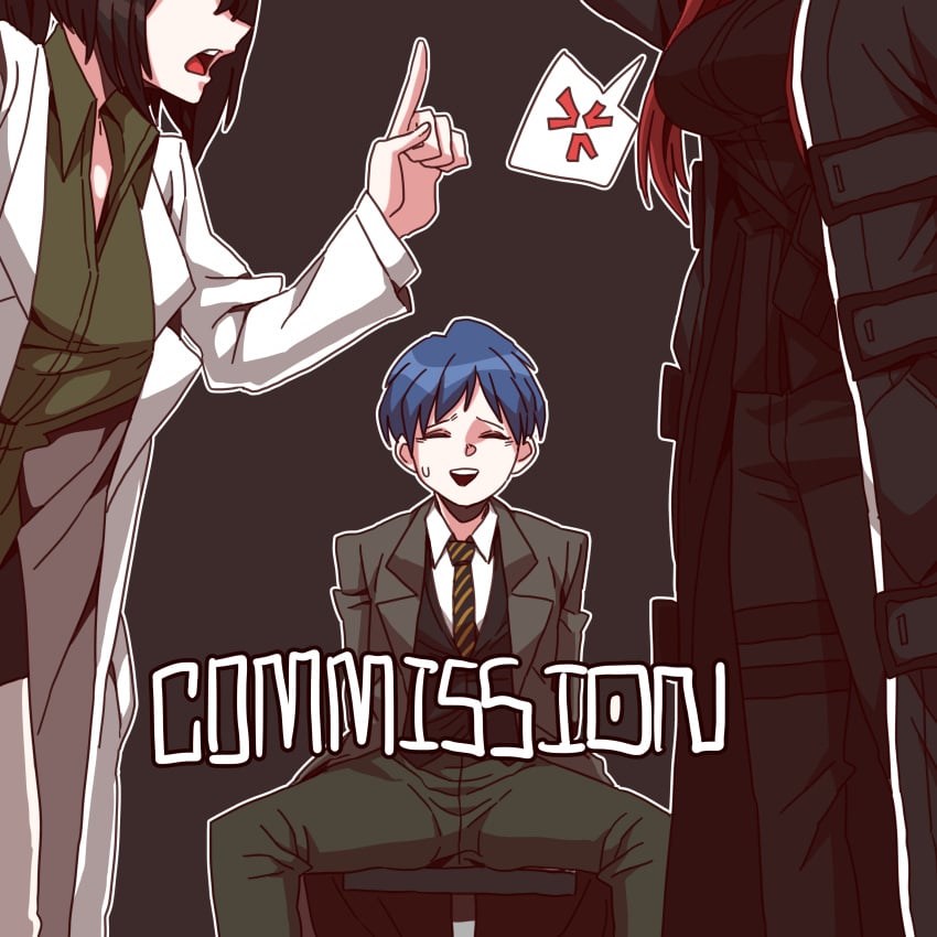 1boy 2girls arguing b2k blue_hair brown_hair business_suit carmen_(lobotomy_corporation) chesed daniel_(lobotomy_corporation) female gebura_(lobotomy_corporation) kali_(lobotomy_corporation) labcoat library_of_ruina lobotomy_corporation male muscular_female pixiv_commission pixiv_manga_sample pixiv_sample project_moon red_hair trenchcoat