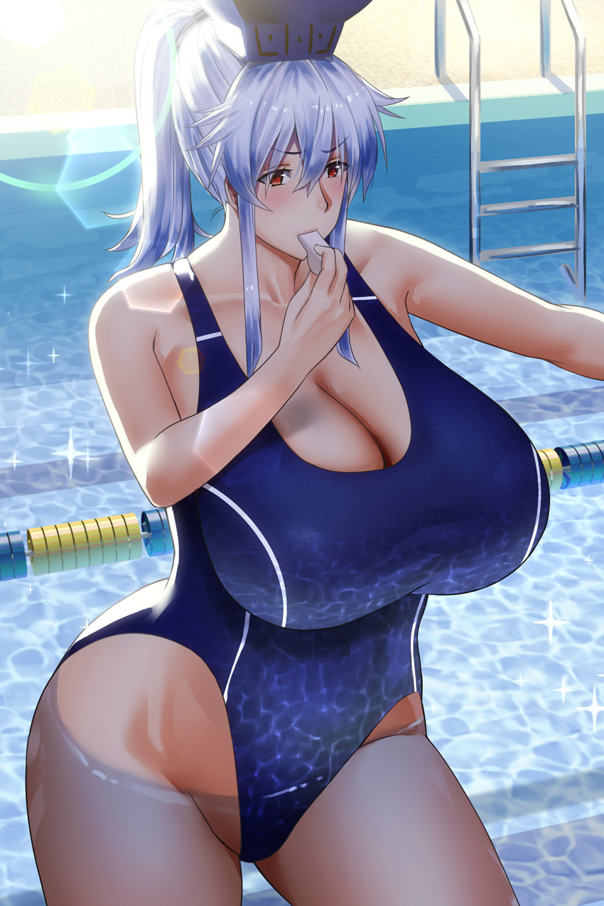 alternate_hairstyle blue_hair blue_headwear blue_one-piece_swimsuit blush breasts collarbone commentary_request cowboy_shot female highres huge_breasts inui_(shirakawa777) kamishirasawa_keine keine_kamishirasawa long_hair mature_female milf one-piece_swimsuit ponytail pool red_eyes solo swimsuit teacher touhou whistle