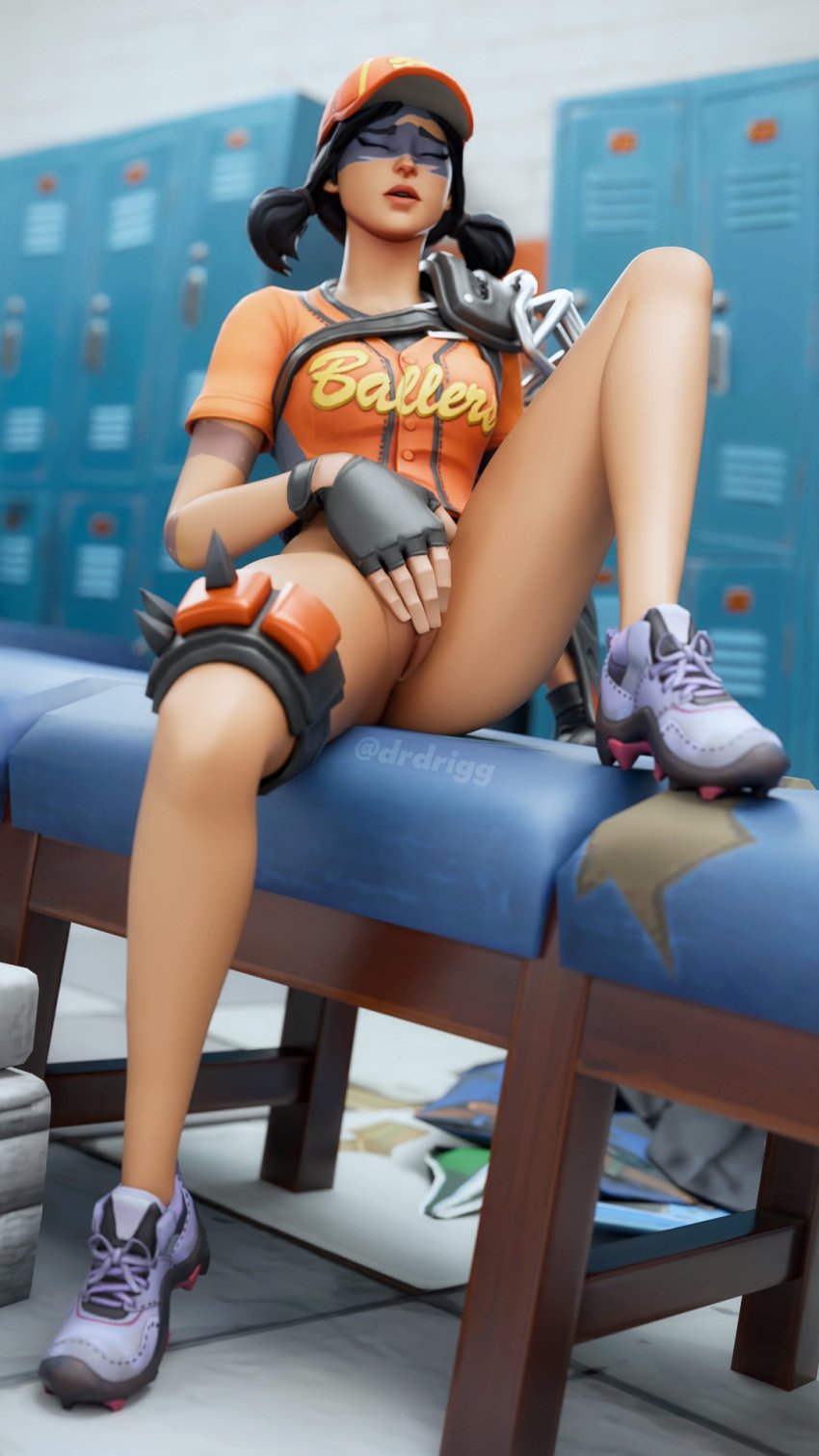 3d 3d_(artwork) baseball_cap baseball_uniform bench black_hair blender blender_(software) bottomless clothing drdrigg facepaint fastball female female_focus female_only fortnite fortnite:_battle_royale gloves gym locker_room masturbation pleasure_face shirt shoes sitting solo solo_female solo_focus touching_pussy towel twintails