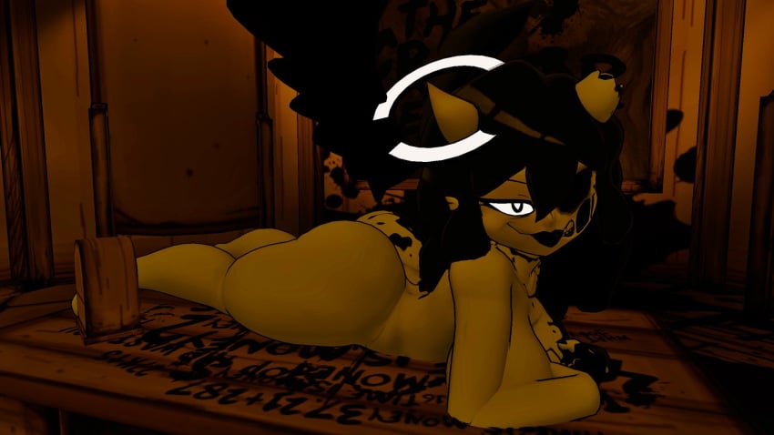 1girls 3d a1animatronic alice_angel angel_girl angel_halo batim bendy_and_the_ink_machine black_lips black_lipstick cally3d cryptiacurves demon female glowing_halo halo ink joey_drew_studios laying_on_stomach laying_on_table looking_at_viewer naked naked_female on_table solo solo_female south_shaed south_shaed_(dreams_come_true_studio) susie_campbell tagme twisted_alice