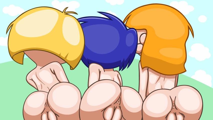 3girls anus ass blonde_hair blue_hair butt ed_edd_n_eddy female from_behind human innie_pussy kanker_sisters marie_kanker multiple_girls nazz_van_bartonschmeer presenting_hindquarters pussy randomrandom rear_view red_hair sarah_(ed_edd_n_eddy)