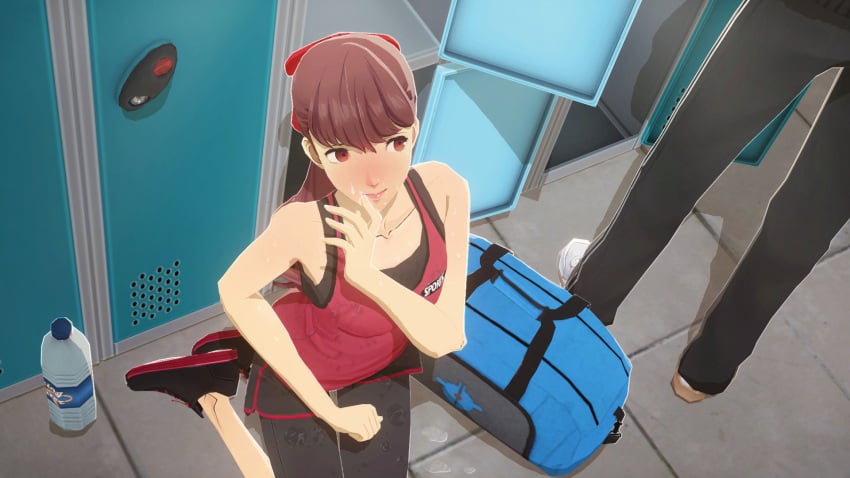 after_oral after_sex after_workout akira_kurusu atlus blush cum_on_face cum_on_mouth cum_on_pants cum_stain female gym implied_oral kasumi_yoshizawa locker_room persona persona_5 persona_5_royal ponytail public public_sex public_use red_eyes red_hair ren_amamiya sumire_yoshizawa sweat sweating tank_top uriziel38 wiping_mouth