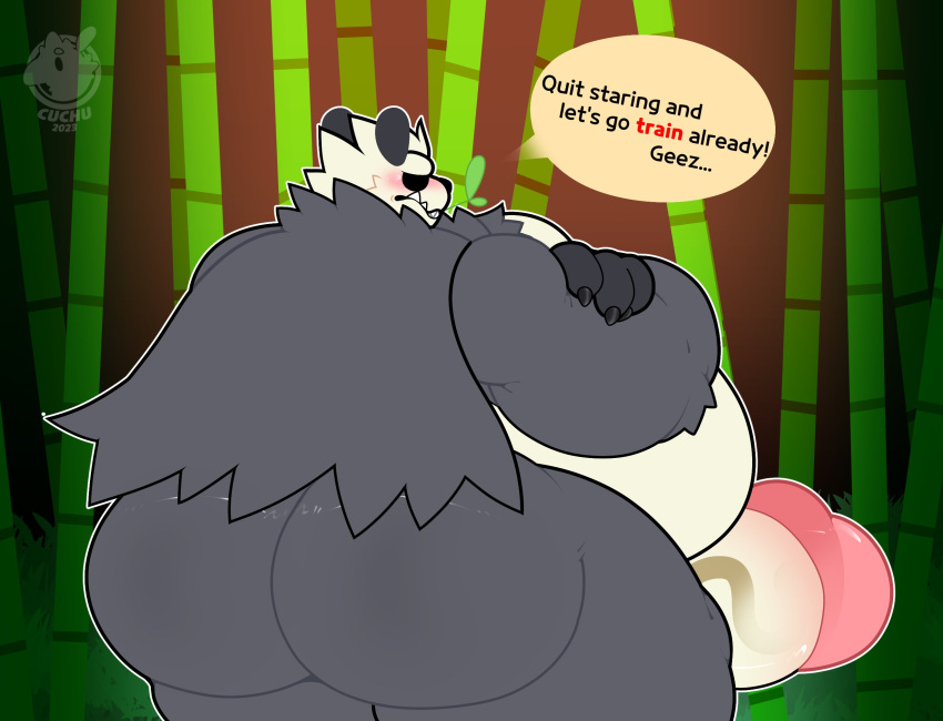 anthro ass bamboo bear big_butt big_penis blush bubble_butt cuchuflehest dialogue embarrassed fur generation_6_pokemon genitals giant_panda grey_body grey_fur hi_res huge_butt huge_cock hyper hyper_genitalia hyper_penis male mammal nintendo overweight overweight_male pangoro penis pokemon pokemon_(species) solo ursine