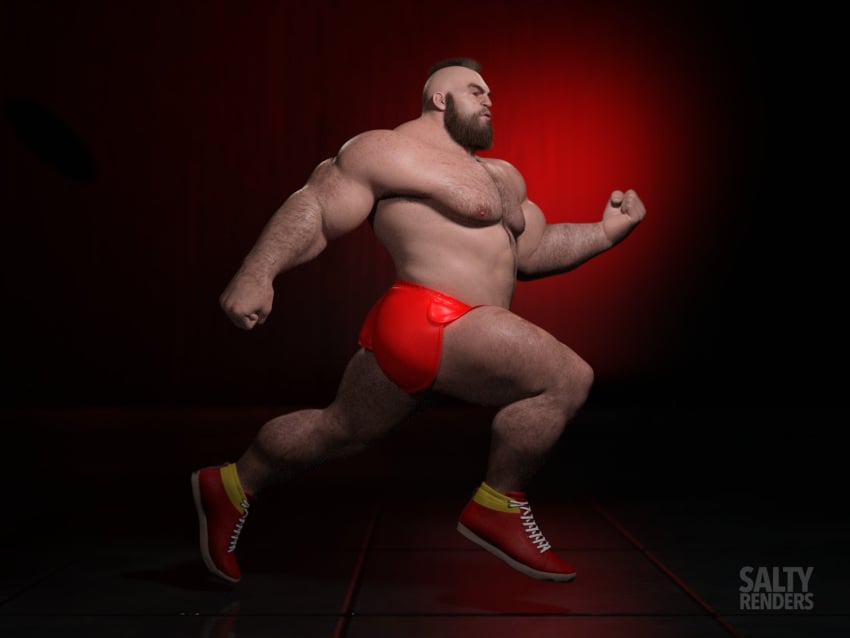 3d 3d_(artwork) 3d_model bara bara_tiddies bara_tits capcom hairy hairy_male jogging light-skinned_male light_skin male_only masculine_male muscles muscular muscular_male running saltyrenders short_shorts sneakers street_fighter zangief