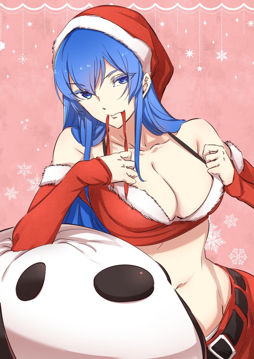 2024 adult adult_female akame_ga_kill! background_pattern big_breasts blue_eyes blue_hair breast_focus breasts christmas_clothing christmas_outfit cleavage clothed clothed_female clothing esdeath_(akame_ga_kill!) female female_focus female_only leaning_on_elbow light-skinned_female light_skin long_hair looking_at_viewer matching_hair/eyes pale_skin pink_background presenting presenting_breasts presenting_cleavage realistic_breast_size revealing_clothes showing_cleavage solo solo_female solo_focus straight_hair teasing teasing_viewer villain villainess white_skin