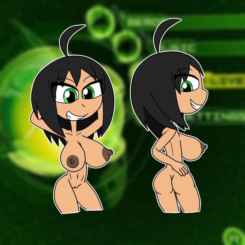 big_ass big_breasts black_hair breasts expansion green_eyes hidekihenry nipples smile smug vaginal xbox-tan