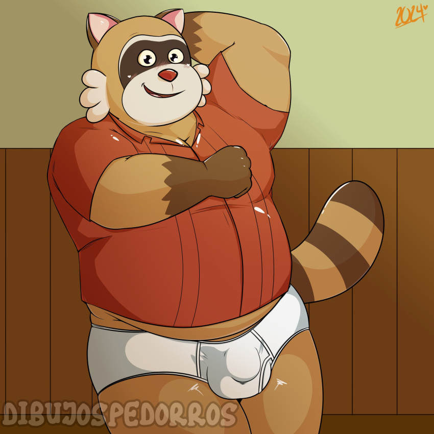 1:1 2024 anthro belly brown_body bulge clothing clumsydrawing hi_res male male_only mammal open_mouth overweight overweight_male procyonid raccoon rascal_(robot_dreams) red_nose robot_dreams shirt smile solo topwear underwear