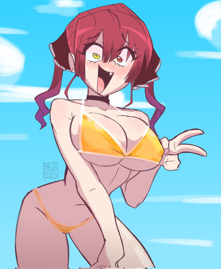 1girls big_breasts breasts ekowrosmi hololive houshou_marine swimsuit twintails virtual_youtuber watermark