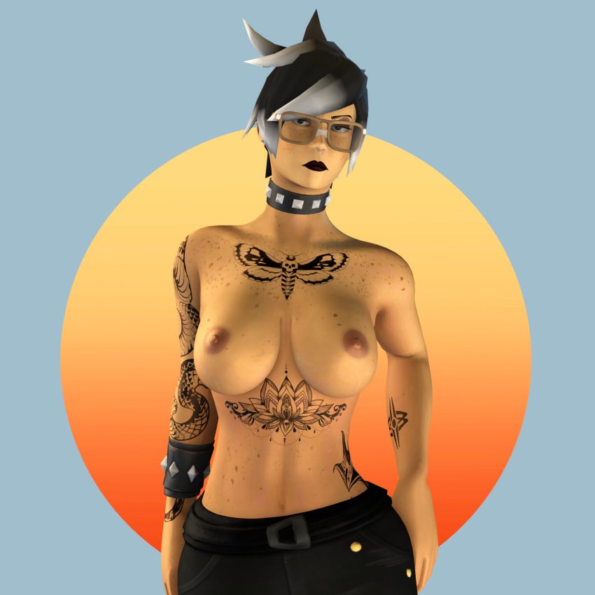 cristygallagher cristysfm1234 exposed_breasts female femscout femscout_(alt_design) femscout_(cristygallagher) freckles_on_breasts freckles_on_chest goth goth_girl nerdy_female tattoos tomboy