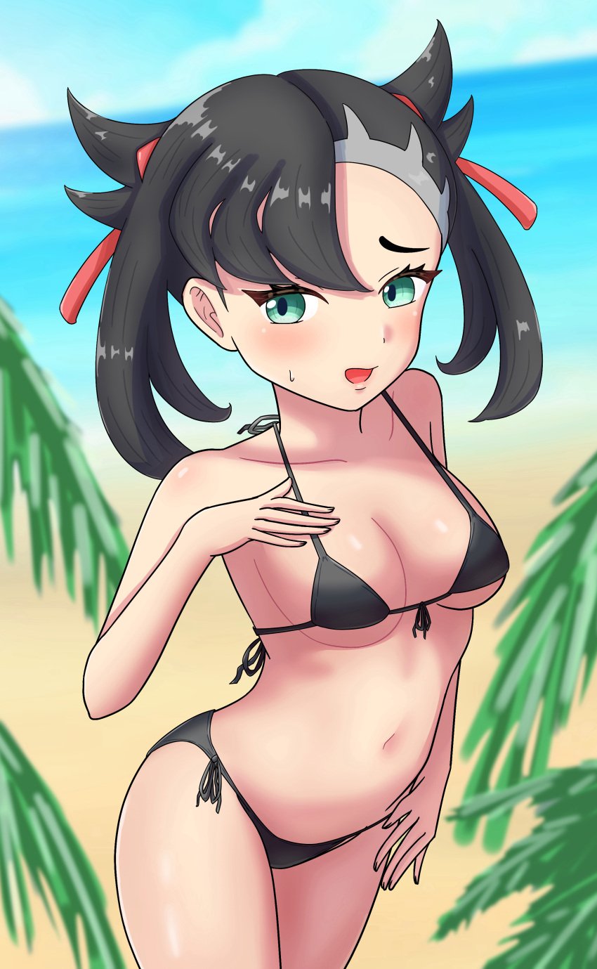 1girls beach bikini black_bikini black_hair dark_hair embarrassed female goth goth_girl green_eyes light-skinned_female light_skin maho_(corotonton5150) marnie_(pokemon) medium_breasts medium_hair pale_skin pokemon pokemon_(game) pokemon_ss solo straight_hair swimsuit twintails