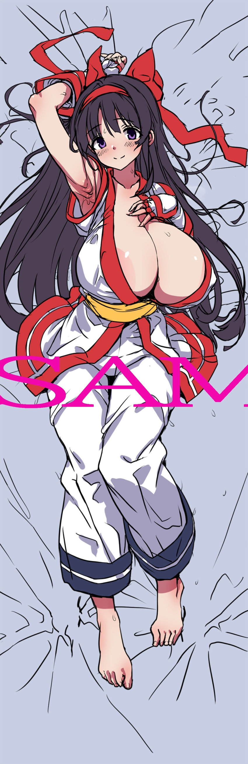 1girls ainu_clothes areola_slip arm_behind_head armpits barefoot big_breasts breasts busty cleavage covered_erect_nipples dakimakura_(medium) feet fingerless_gloves gloves hair_ribbon hand_on_own_chest highres hirowa_nagi huge_breasts king_of_fighters legs long_hair looking_at_viewer lying nakoruru no_bra pants pose posing purple_eyes purple_hair ribbon sample sample_watermark samurai_shodown sensual smile snk solo sweat text thighs watermark