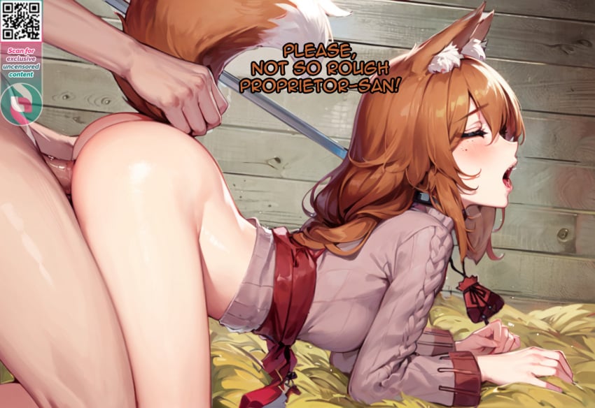 1boy 1girls ai_assisted ai_generated all_fours ass blush bottomless brown_fur brown_hair crextcomic doggy_style english_text faceless_male from_side gasp highres holo kraft_lawrence leash leash_and_collar leash_pull leashed_collar leashed_female long_hair master_and_pet medium_breasts necklace no_panties open_mouth pouch qr_code red_fur red_hair sex sex_from_behind shiny_skin spice_and_wolf straw straw_floor submissive submissive_female sweater tail tail_grab top-down_bottom-up uncensored wagon wheat wheat_floor wolf_ears wolf_girl wolf_tail wooden_wall yelling