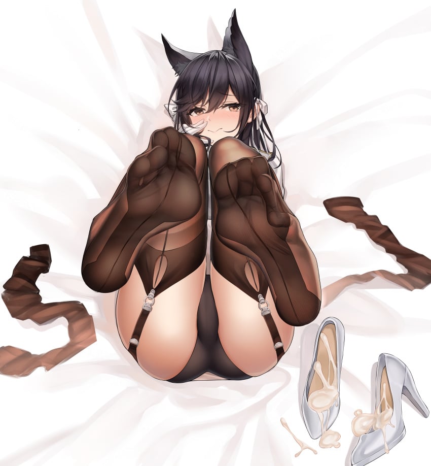 :> absurdres animal_ears ass atago_(azur_lane) azur_lane black_hair black_panties blush cameltoe cum_in_footwear extra_ears feet female foot_focus footwear_fetish foreshortening full_body garter_straps gloves grey_footwear hair_between_eyes hair_ribbon high_heels highres legs long_hair looking_to_the_side lying military_uniform no_shoes panties presenting_foot ribbon shoes smile soles solo spread_toes swept_bangs thighhighs thighs toes underwear uniform unworn_shoes white_footwear white_gloves white_ribbon xo_(xo17800108) yellow_eyes