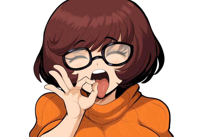 1girls ai_generated facing_viewer fellatio_gesture female glasses inviting_to_sex large_breasts looking_at_viewer mullon novelai open_mouth scooby-doo solo suggestive suggestive_gesture tongue velma_dinkley