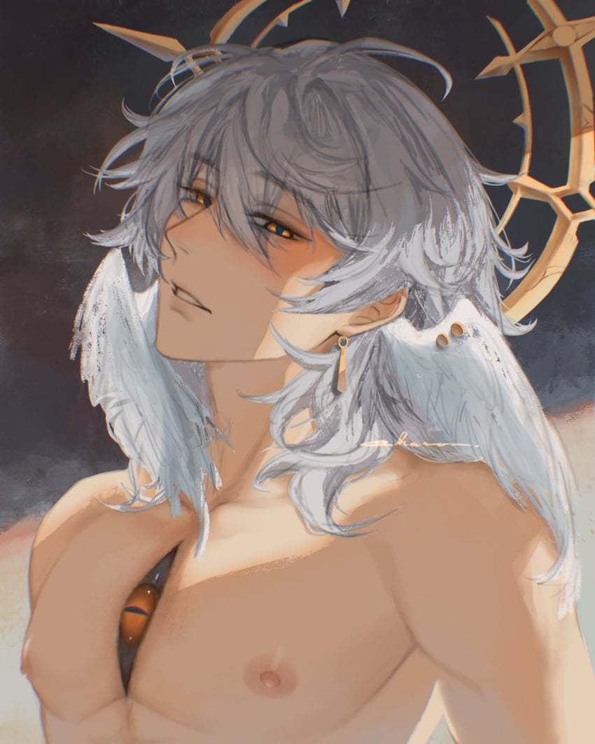 1boy __chamomilde bare_shoulders blue_pupils blush chest earrings exposed_breasts gay gold_earrings gold_jewelry gray_background gray_hair halo head_wings hi_res high_resolution highres honkai:_star_rail looking_at_viewer male male_chest male_focus male_nipples male_only muscular muscular_male nipples nude nude_male pecs pectorals shiny_skin solo solo_focus solo_male sunday_(honkai:_star_rail) topless watermark wing_piercing winged_humanoid wings yaoi yellow_eyes