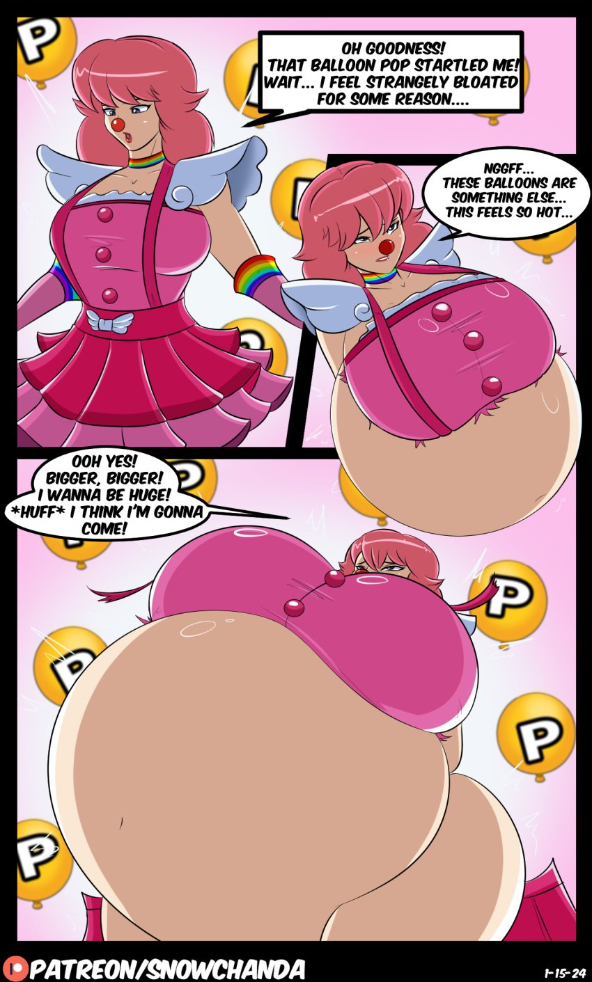 1girls aroused ass_expansion balloon_inflation belly_expansion big_ass big_belly big_breasts breast_expansion button_down_shirt buttons capcom clown clown_girl comic dialogue english_text expansion geiru_toneido gyakuten_saiban inflation light-skinned_female mario_(series) p-balloon pink_clothing pink_hair pink_skirt pleasured ripped_clothing ripped_suspenders snowchanda_(artist) super_mario_world suspenders