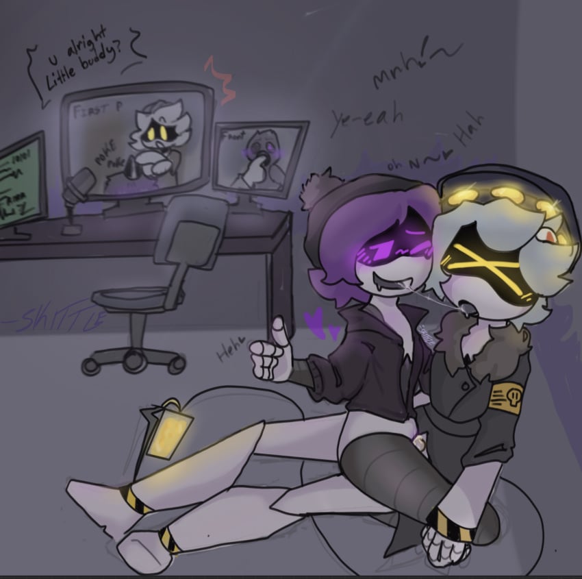 background_character beanie computer drone glitch_productions hat monitor murder_drones n_(murder_drones) not_rape post-apocalyptic purple_hair reverse_cowgirl_position robot sitting_on_person uzi_(murder_drones)